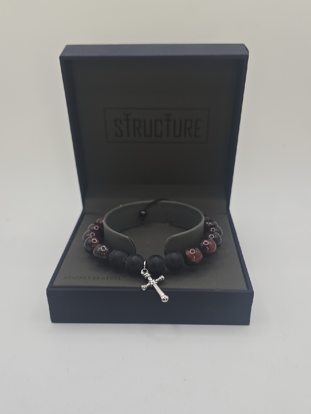 Structure Black & Brown Tiger Eye Bead Bracelet with Stainless SteelSilver Cross
